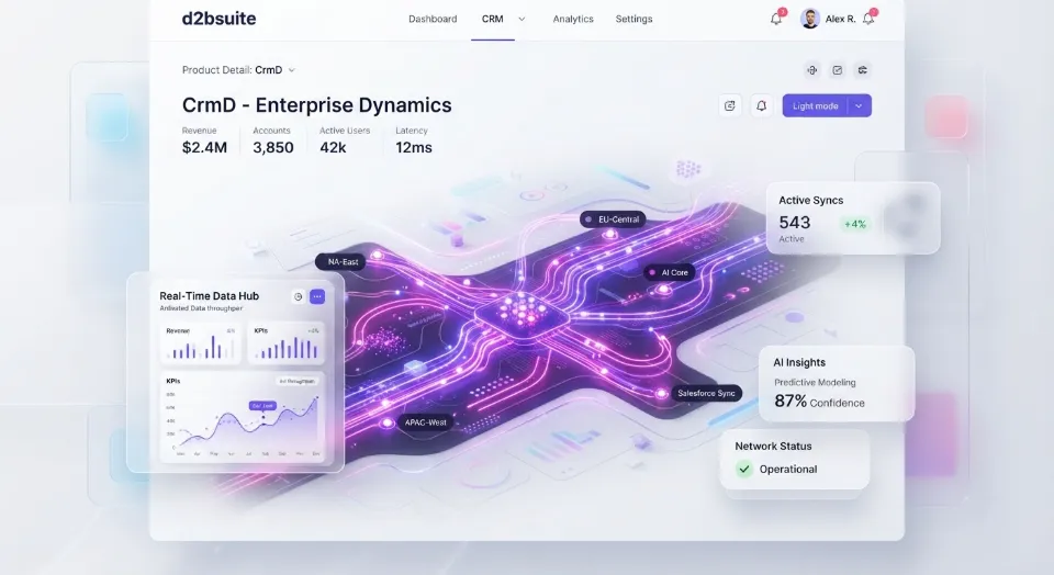 CrmD enterprise view with live revenue figures and AI insights