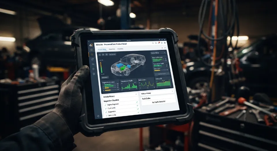 Technician checking a vehicle in d2b-PreownedCars on a tablet